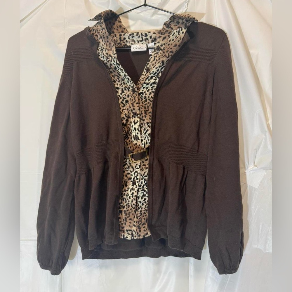 Kim Rogers Chocolate Brown Blouse with Leopard Print